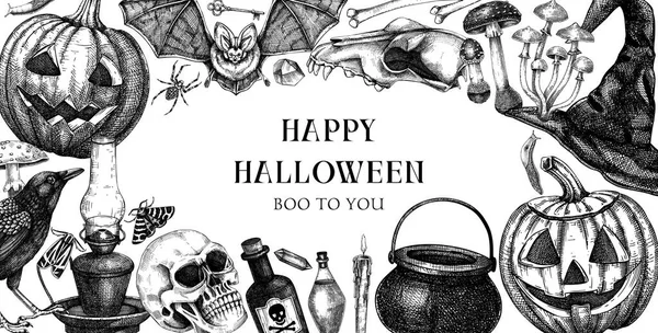 Vintage Halloween Frame Design Ručně Kreslené Vektorové Ilustrace Lebka Kosti — Stockový vektor
