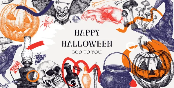 Collage Styl Halloween Rám Design Ručně Kreslená Vektorová Ilustrace Pozvánka — Stockový vektor