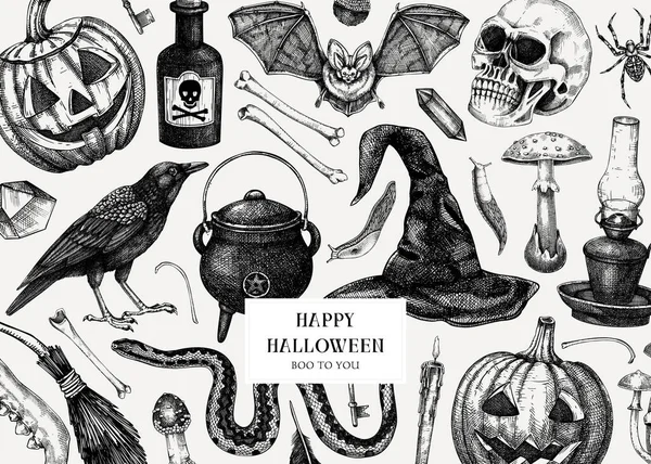 Halloween Háttér Kézzel Rajzolt Vektor Illusztráció Koponyák Csontok Tök Mérgező Jogdíjmentes Stock Illusztrációk