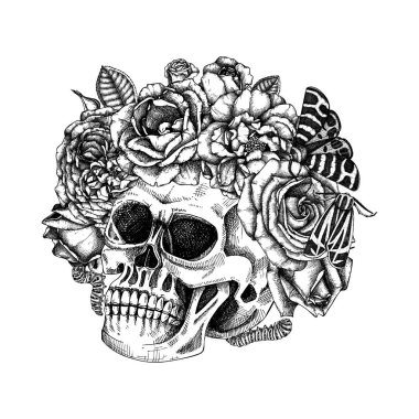 Gül çiçekleri ve güve çizimi olan bir kafatası. Ölüm günü vektör çizimi. Cadılar Bayramı tasarım unsuru. Poster, baskı, el ilanları, davetiyeler. 