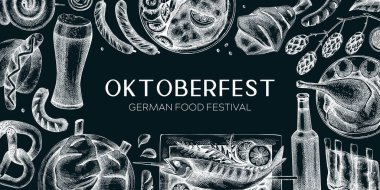 Oktoberfest geçmişi. Alman yemek ve içecek menüsü tasarım şablonu. Et yemekleri taslakları. Alman mutfağının klasik çerçevesi. Geleneksel bira festivali afişi. Oktoberfest partisi tahtada