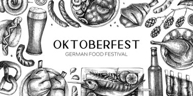 Oktoberfest geçmişi. Alman yemek ve içecek menüsü tasarım şablonu. Et yemekleri taslakları. Alman mutfağının klasik çerçevesi. Geleneksel bira festivali afişi. Ekim Festivali partisi