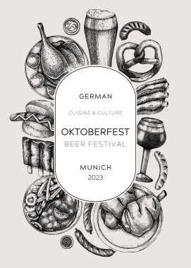 Oktoberfest çelengi kolaj tarzında. Alman yemek ve içecek menüsü tasarımı. Et yemekleri taslakları. Alman mutfağının klasik çerçevesi. Geleneksel bira festivali çizimi. Ekim Festivali partisi