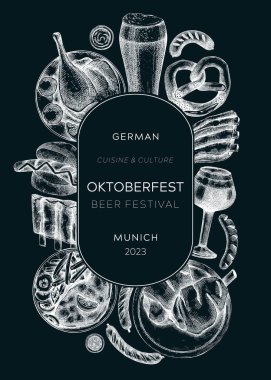 Oktoberfest çelengi tahtada. Alman yemek ve içecek menüsü tasarım şablonu. Et yemekleri taslakları. Alman mutfağının klasik çerçevesi. Geleneksel bira festivali afişi. Ekim Festivali partisi