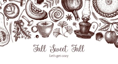 Klasik sonbahar pankartı tasarım şablonu. El çizimi vektör çizimi. Balkabağı, sıcak içecek, meyve, pasta, pasta, sonbahar yaprakları. Şükran Günü geçmişi 