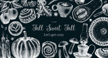 Sonbahar çerçeve tasarım şablonu. Tahtaya elle çizilmiş vektör çizimi. Balkabağı, sıcak içecek, meyve, pasta, pasta, sonbahar yaprakları. Şükran Günü arkaplanı, afişi, sınırı