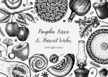 Klasik sonbahar çerçeve tasarımı. El çizimi vektör çizimi. Balkabağı, sıcak içecek, meyve, pasta, pasta, sonbahar yaprakları. Şükran Günü geçmişi.           