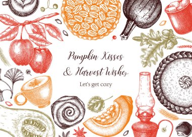 Klasik sonbahar çerçeve tasarım şablonu. El çizimi vektör çizimi. Balkabağı, sıcak içecek, meyve, pasta, pasta, sonbahar yaprakları. Şükran Günü arkaplan rengi.            