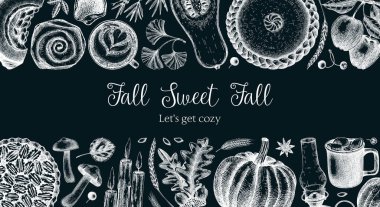 Klasik sonbahar pankartı tasarım şablonu. Tahtaya elle çizilmiş vektör çizimi. Balkabağı, sıcak içecek, meyve, pasta, pasta, sonbahar yaprakları. Şükran Günü geçmişi 
