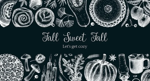 Klasik sonbahar pankartı tasarım şablonu. Tahtaya elle çizilmiş vektör çizimi. Balkabağı, sıcak içecek, meyve, pasta, pasta, sonbahar yaprakları. Şükran Günü geçmişi 