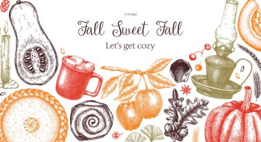 Klasik sonbahar çerçeve tasarım şablonu. El çizimi vektör çizimi. Balkabağı, sıcak içecek, meyve, pasta, pasta, sonbahar yaprakları. Şükran Günü arkaplan rengi.        
