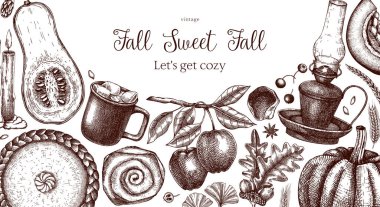 Klasik sonbahar çerçeve tasarım şablonu. El çizimi vektör çizimi. Balkabağı, sıcak içecek, meyve, pasta, pasta, sonbahar yaprakları. Şükran Günü geçmişi 