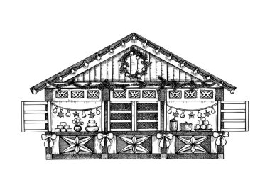 Noel marketi büfesi skeci. El çizimi vektör çizimi. Geleneksel kış Noel festivali pazarı. Şekerleme, çelenk, Noel çelengi satan ahşap tezgah dükkanı.