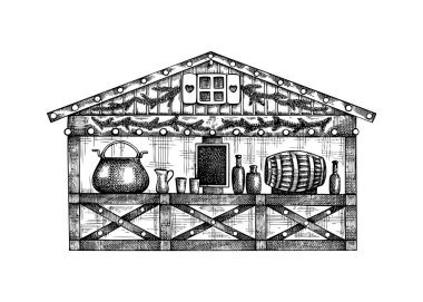 Noel marketi büfesi skeci. El çizimi vektör çizimi. Geleneksel kış Noel festivali pazarı. Sıcak içeceklerle ahşap kabin şeker dükkanı, sıcak şarap, çelenk dekorasyonu.