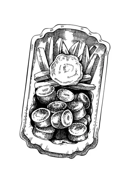 Grillwurst Mit Pommes Sketch Handgezeichnete Vektorillustration Fast Food Zeichnung Traditionelle — Stockvektor