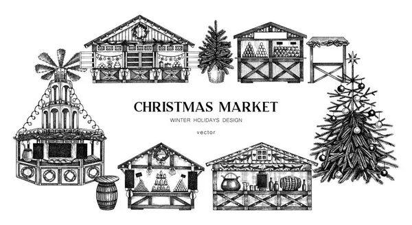 クリスマスマーケットの背景 手描きベクターイラスト 伝統的なヨーロッパの休日の市場のフレームの設計 クリスマス ツリー 木の屋台のキオスク キャンディー ショップ パン屋 マルチ ロイヤリティフリーのストックイラスト