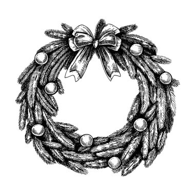 Klasik Noel çelengi çizimi. El çizimi vektör çizimi. Dekoratif tasarım ögesi