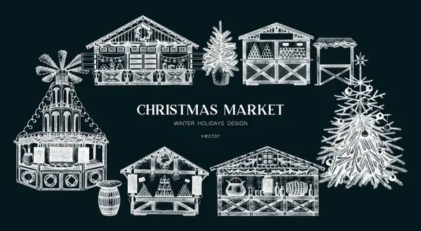 クリスマスマーケットの背景 チョークボード上の手描きベクターイラスト ヨーロッパの休日の市場の旗の設計 クリスマス ツリー 木の屋台のキオスク キャンディー ショップ パン屋 マルチ ロイヤリティフリーストックベクター