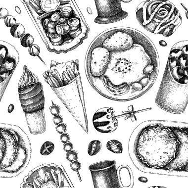Noel pazarı gıda geçmişi. Fast food kusursuz desen. Klasik el yapımı vektör çizimi. Fırın, pasta, tatlı, ızgara et, sıcak içecek skeçleri..
