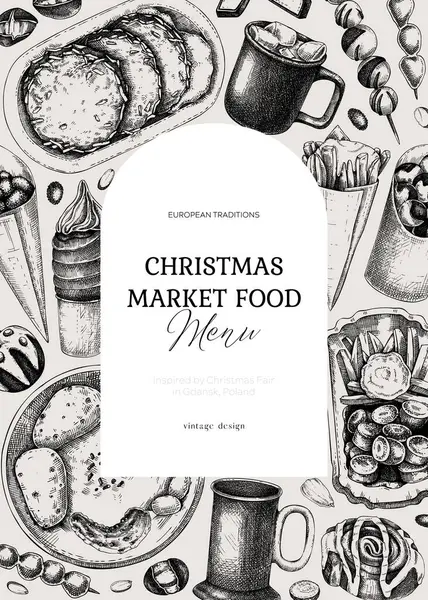 Street food and drink menu design. Christmas market food -  pastries, sweets, grilled meat, raclette, hot drinks fast food sketches. Hand-drawn vector illustration. Christmas invitation card