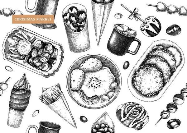 Street food and drink background. Vintage Christmas market menu design -  pastries, sweets, grilled meat, raclette, hot drinks sketches. Hand-drawn vector illustration. Fast food seamless pattern