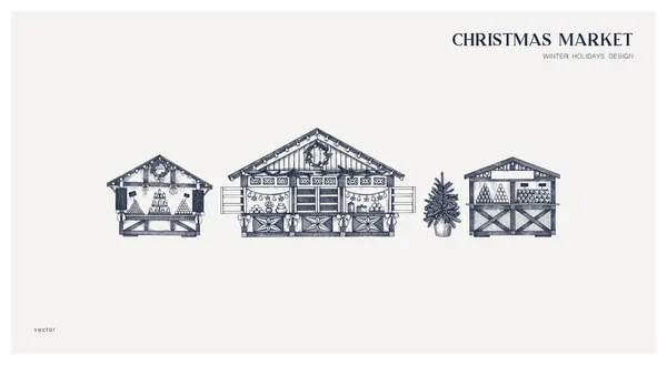 Рождественская Открытка Дизайн Приглашения Ручной Рисунок Вектора Праздничный Рынок Деревянный Стоковая Иллюстрация