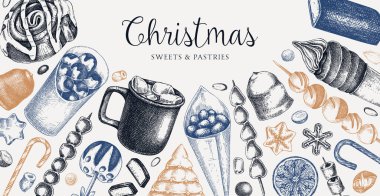 Noel yemeği geçmişi. Noel piyasa tasarım şablonu. El çizimi vektör çizimi. Sıcak içecekler, şekerler, kurabiyeler, pastalar. Kış tatili menüsü. Tatlı yemek vintage bayrağı