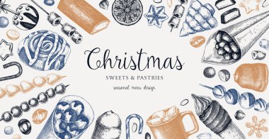 Noel yemeği geçmişi. Noel piyasa tasarım şablonu. El çizimi vektör çizimi. Sıcak içecekler, şekerler, kurabiyeler, pastalar. Kış tatili menüsü. Tatlı yemek vintage çerçeve