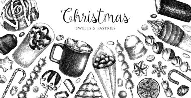 Noel yemeği geçmişi. Noel piyasa tasarım şablonu. El çizimi vektör çizimi. Sıcak içecekler, şekerler, kurabiyeler, pastalar. Kış tatili menüsü. Tatlı yemek vintage bayrağı