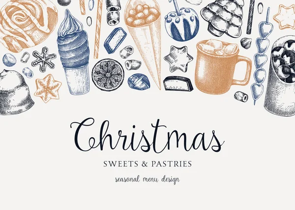 Karácsonyi Étel Háttér Karácsonyi Vásár Design Sablon Kézzel Rajzolt Vektor Stock Illusztrációk
