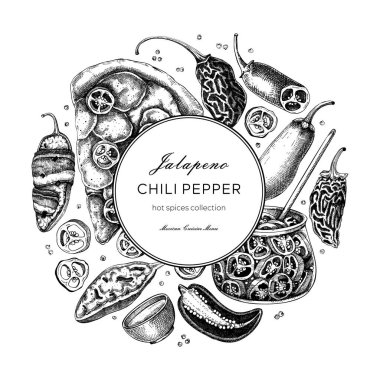 Meksika mutfağı menüsü restoran çelengi tasarımı. Olgun biberli biber çizimleri. Sıcak baharatlar, vejetaryen, sağlıklı yemek elle çizilmiş vektör çizimi. Dilimler ve paketleme için tohumlar ile Jalapeno