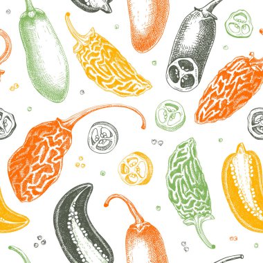 Meksika mutfağı geçmişi. Olgun biberli biber çizimleri. Sıcak baharatsız desen. Sağlıklı yiyecek el çizimi vektör çizimi. Jalapeno dilimleri, tohumlar, paketleme için chipotle, menü, kumaş. 