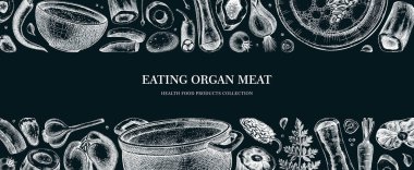 Sağlıklı yemek geçmişi. Kemik iliği çorbası pankartı. Tabaklarda sıcak çorba, tavalar, kaseler, organ eti, sebzeler, kemik iliği taslakları. El çizimi vektör çizimleri. Tahtada ev yapımı yemek.