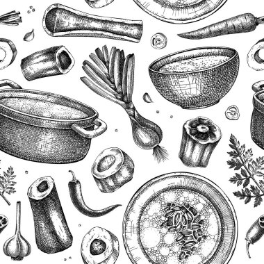 Sağlıklı yemek geçmişi. Kemik iliği çorbası, tabakta servis edilen sıcak çorba, tavalar, kaseler, sebzeler, organ eti, kemik iliği taslakları. El çizimi vektör çizimleri. Ev yapımı yemekler kusursuz.