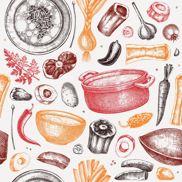 健康的な食べ物の背景 マローボーンブロース ホットスープはプレート ボウル オルガン肉 マローボーンスケッチで提供しました 手描きのベクターイラスト 自家製食品シームレスパターン ロイヤリティフリーストックベクター