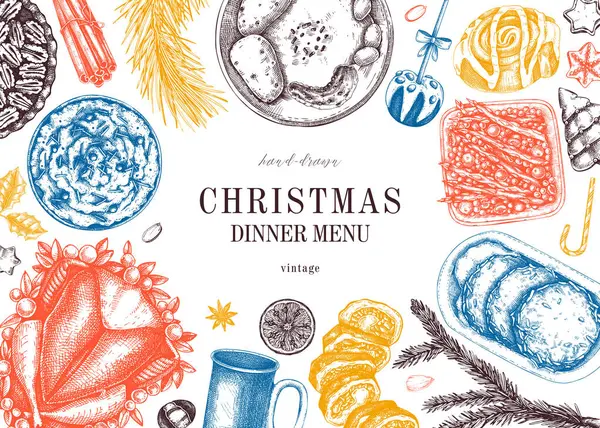 Vánoční Jídlo Pozadí Rodinná Večeře Zimní Menu Tradiční Prvky Designu — Stockový vektor