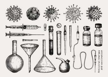 Antiviral terapi ve aşı seti. El çizimi vektör çizimleri. Şişelerde aşı, laboratuvar ekipmanları, farklı virüs taslakları. Tıbbi tasarım unsurları. Covid-19 çizimi 