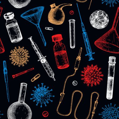 Antiviral terapi ve aşı geçmişi. El çizimi vektör çizimleri. Şişelerde aşı, laboratuvar ekipmanları, farklı virüs taslakları. Tıbbın kusursuz deseni. Covid-19 çizimi 