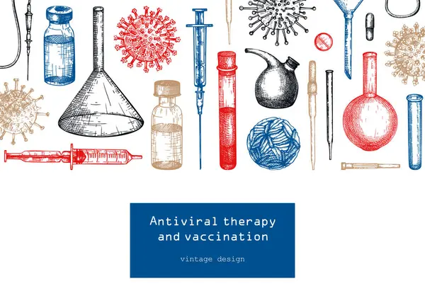 Antiviral terapi ve aşı geçmişi. El çizimi vektör çizimleri. Şişelerde aşı, laboratuvar ekipmanları, farklı virüs taslakları. Tıbbi afiş tasarım şablonu. Covid-19 çizimi 