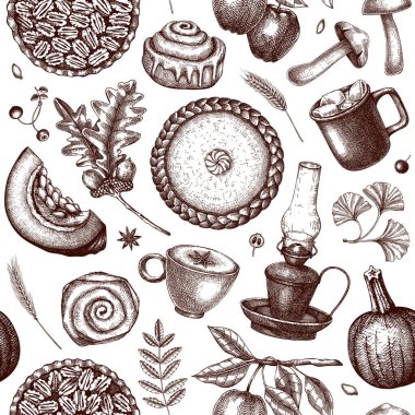 Sonbahar pürüzsüz desen. El çizimi vektör çizimi. Balkabağı, sıcak içecek, meyve, pasta, pasta, sonbahar yaprakları. Klasik Şükran Günü geçmişi