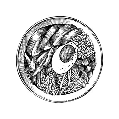 Poke Bowl skeci. Kağıt kap üst görünümü. Klasik fast food çizimi. Yemek tasarım elementi. Paketi götür