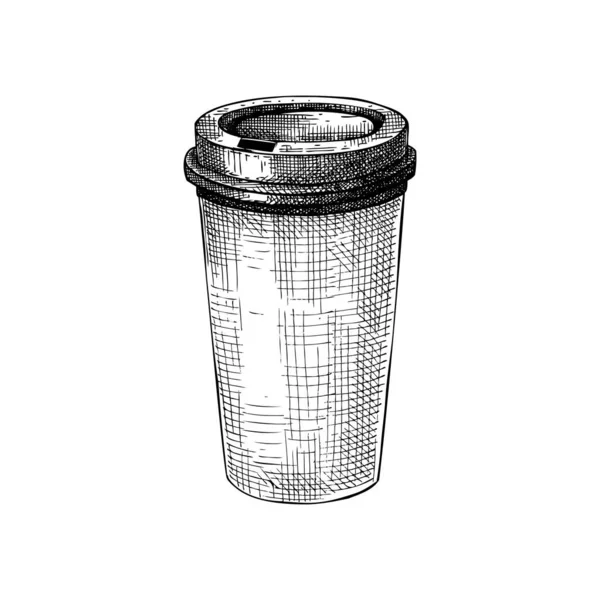 Kahveni götür. Kağıt bardak skecinde sıcak içecek. Fast food çizimi. Gıda dağıtım tasarım elementi.