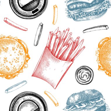 Fast food restoranının geçmişi. Sokak yemekleri pürüzsüz. El çizimi vektör çizimi. Paket yemek ya da teslimat için. Hamburger, patates kızartması, kahve taslakları.