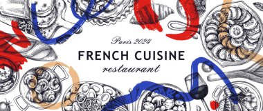 Kolaj tarzında Fransız yemekleri. Fransa 'dan geleneksel yemek taslakları. Avrupa mutfağı menü tasarım şablonu. El çizimi vektör çizimi, yapay zeka değil.