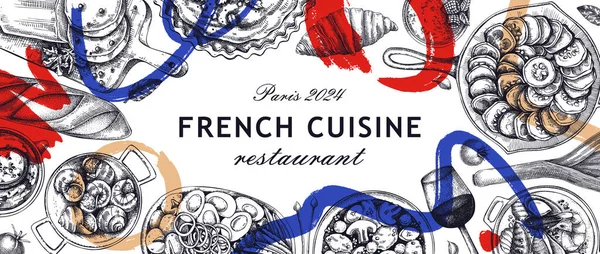 Kolaj tarzında Fransız yemekleri. Fransa 'dan geleneksel yemek taslakları. Avrupa mutfağı menü tasarım şablonu. El çizimi vektör çizimi, yapay zeka değil.