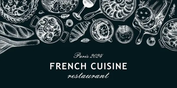 Fransız yemek afişi tasarımı. Tahtada eski yemek ve şarap taslakları var. Avrupa mutfağı menü şablonu. Fransa geçmişi. El çizimi vektör çizimi, yapay zeka değil.