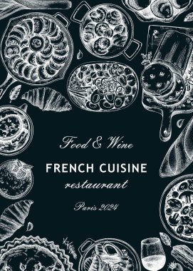 Tahtada Fransız yemek çerçevesi tasarımı. Klasik yemek ve şarap taslakları. Avrupa restoranının menü şablonu. Fransa geçmişi. El çizimi vektör çizimi, yapay zeka değil.
