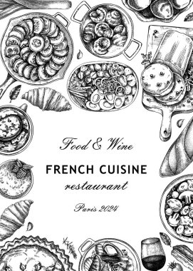 Fransız yemek çerçevesi tasarımı. Klasik yemek ve şarap taslakları. Avrupa restoranının menü şablonu. Fransa geçmişi. El çizimi vektör çizimi, yapay zeka değil.