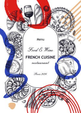 Kolaj tarzı Fransız gıda çelengi tasarımı. Klasik yemek ve şarap taslakları. Soyut restoran menüsü. Fransa geçmişi. El çizimi vektör çizimi, yapay zeka değil.