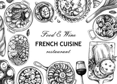 Fransız yemek çerçevesi tasarımı. Klasik yemek ve şarap taslakları. Avrupa restoranının menü şablonu. Fransa geçmişi. El çizimi vektör çizimi, yapay zeka değil.
